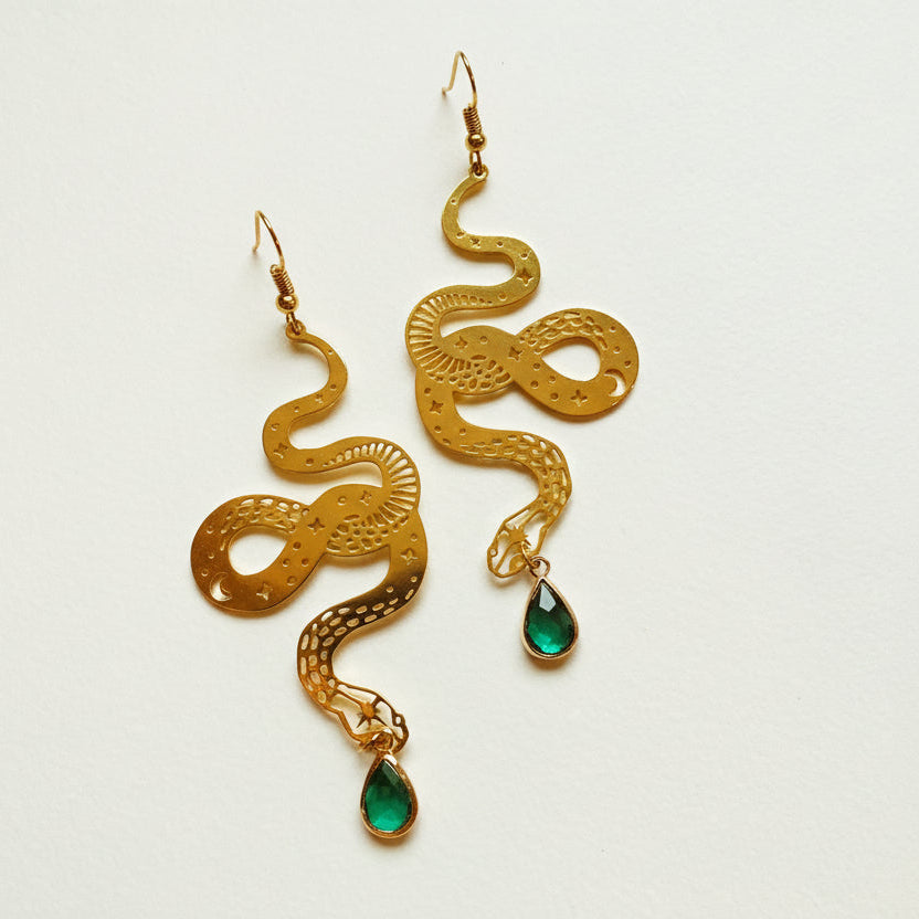 Gold-plated snake earrings coiled into a hoop with a green crystal charm - Let's Jam jewellery, Camden Market