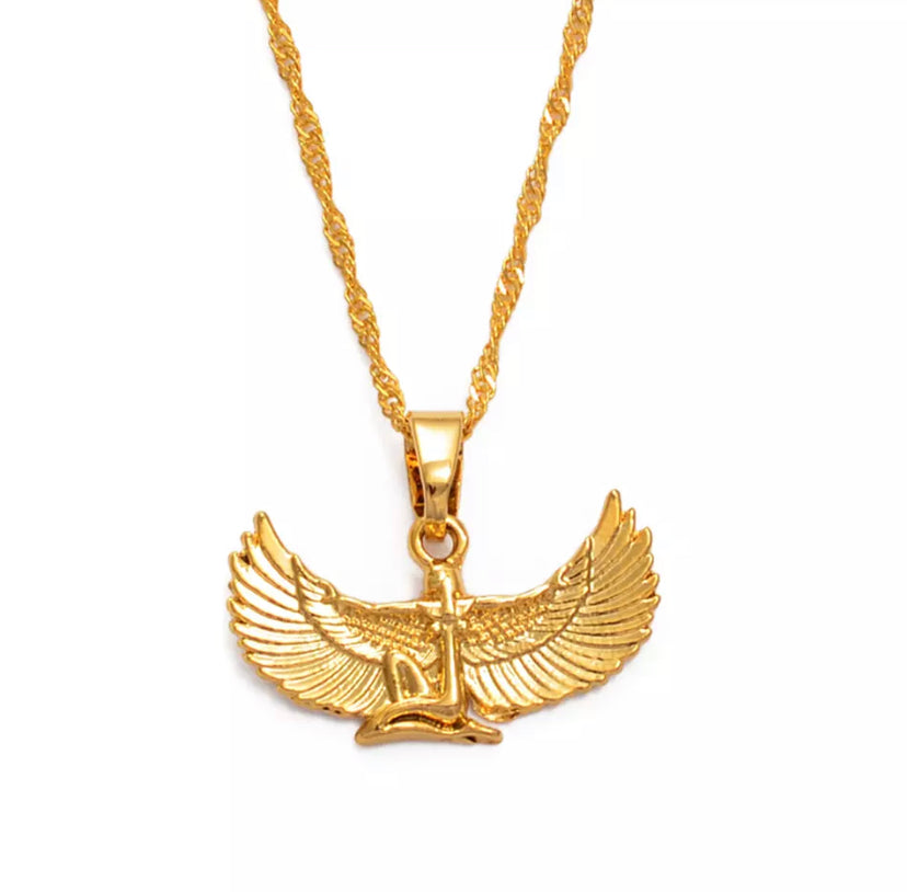 Gold-plated Isis pendant necklace with spread wings on a rope chain, shown on a white background - Let's Jam jewellery collection