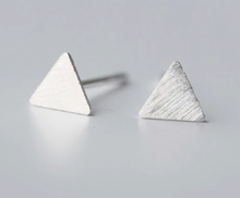 Load image into Gallery viewer, Pair of minimalist sterling silver triangle studs on a white background - Let's Jam jewellery, Camden Town
